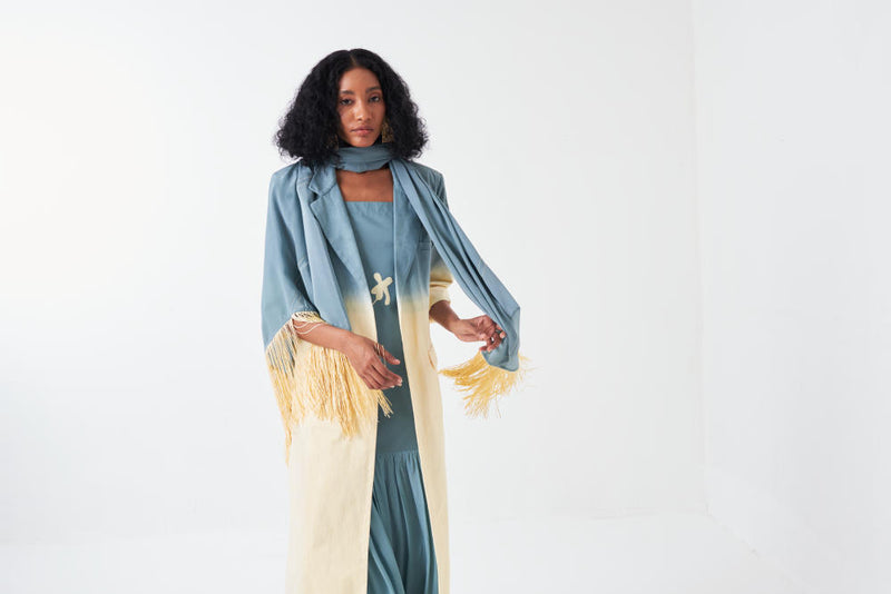 DIP DYE JACKET CO-ORD-NIAGRA BLUE & BUTTER (SET OF 3) poplin by THREE for women in Singapore