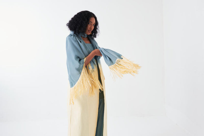 DIP DYE JACKET CO-ORD-NIAGRA BLUE & BUTTER (SET OF 3) poplin by THREE for women in Singapore