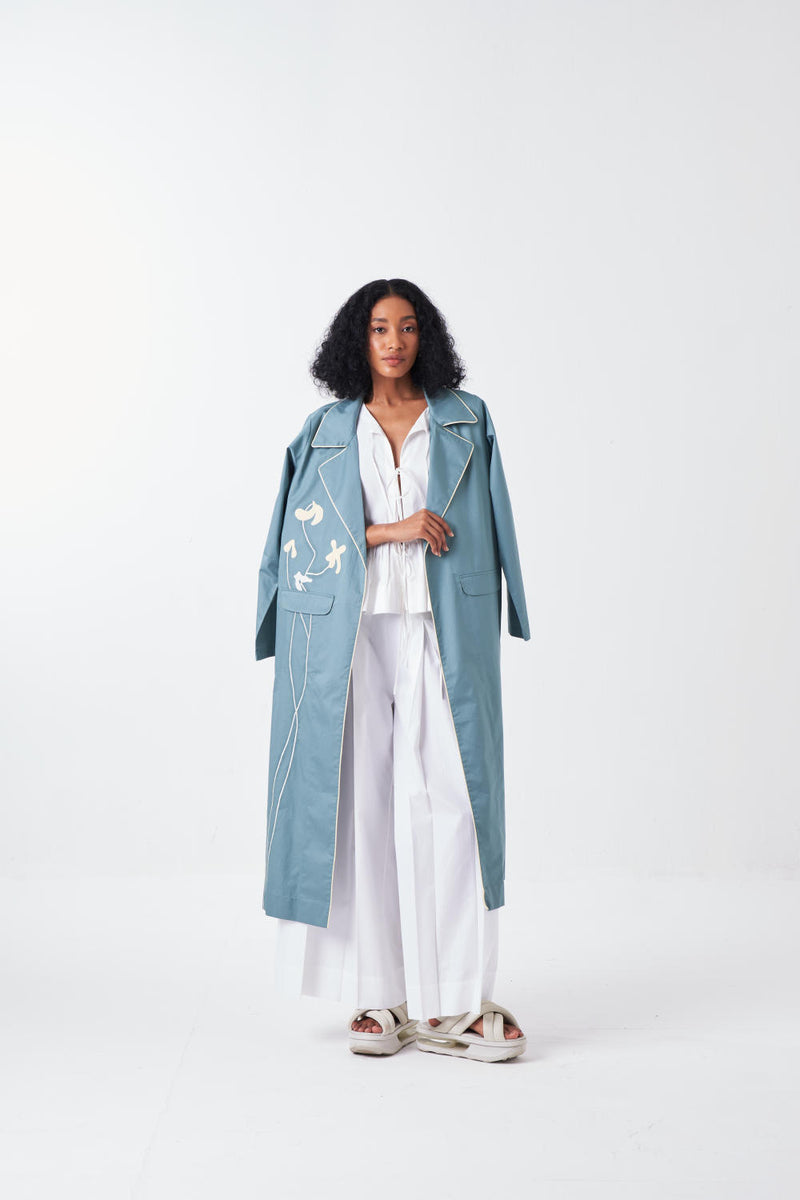 POPPY APPLIQUE JACKET CO-ORD: NIAGRA BLUE & BUTTER (SET OF 3) poplin by THREE for women in Singapore