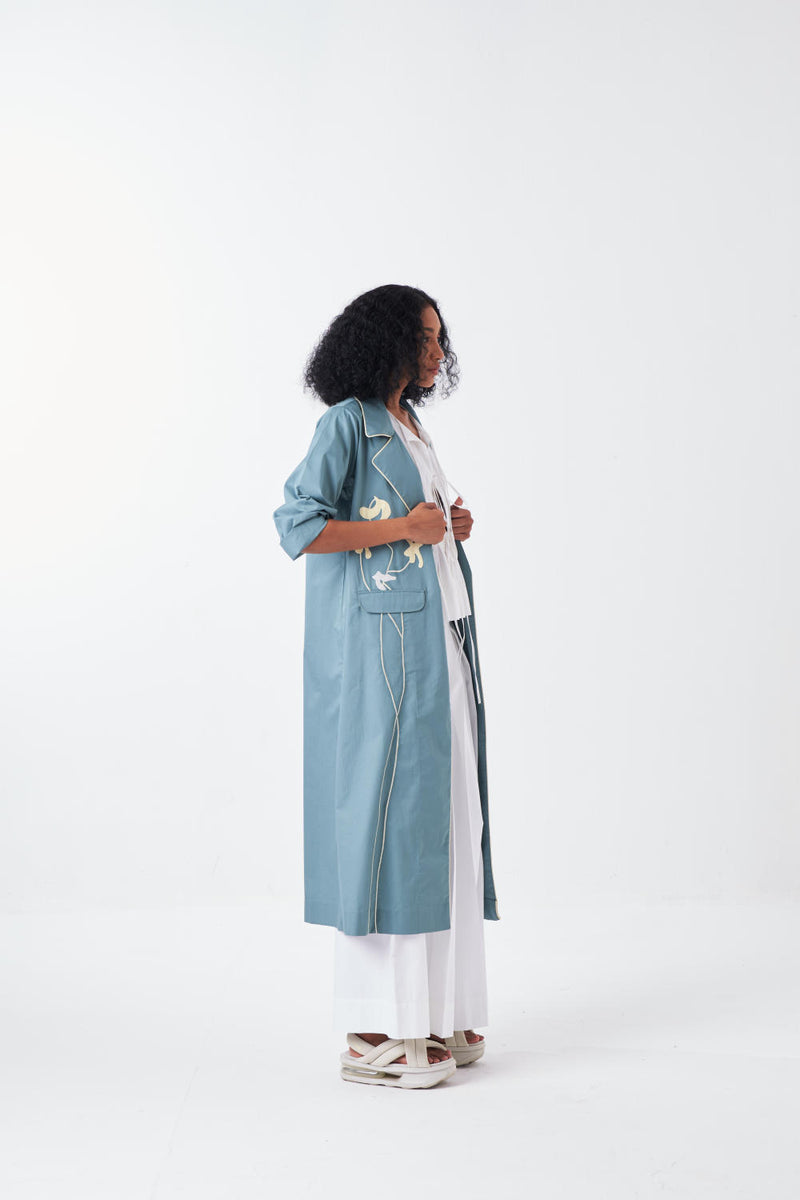 POPPY APPLIQUE JACKET CO-ORD: NIAGRA BLUE & BUTTER (SET OF 3) poplin by THREE for women in Singapore