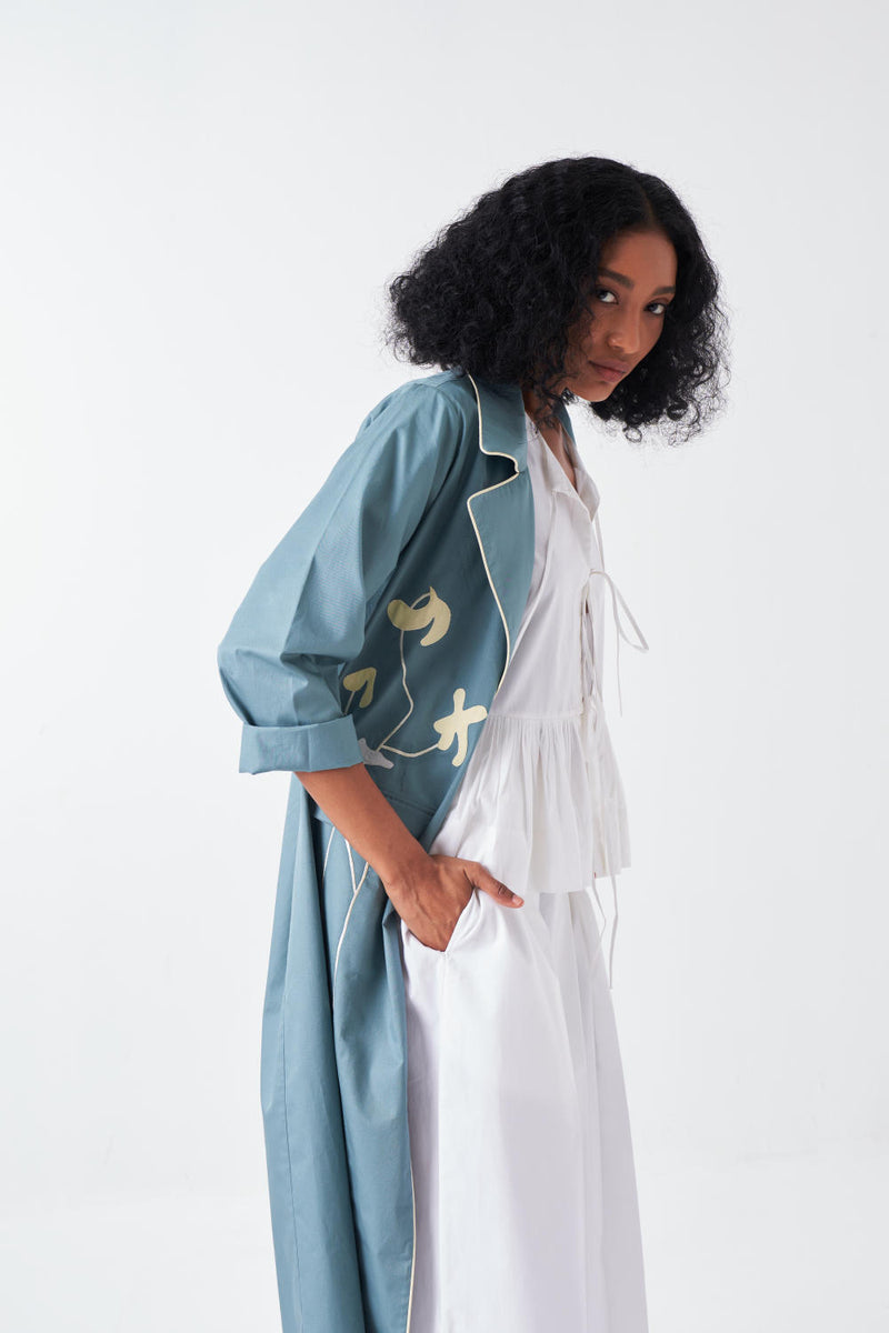 POPPY APPLIQUE JACKET CO-ORD: NIAGRA BLUE & BUTTER (SET OF 3) poplin by THREE for women in Singapore