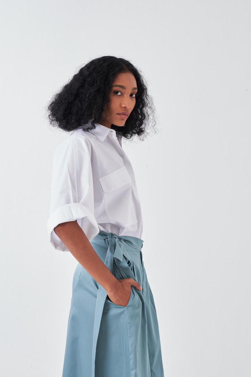 ANTI FIT SHIRT CO-ORD-NIAGRA BLUE & WHITE (SET OF 2) poplin by THREE for women in Singapore
