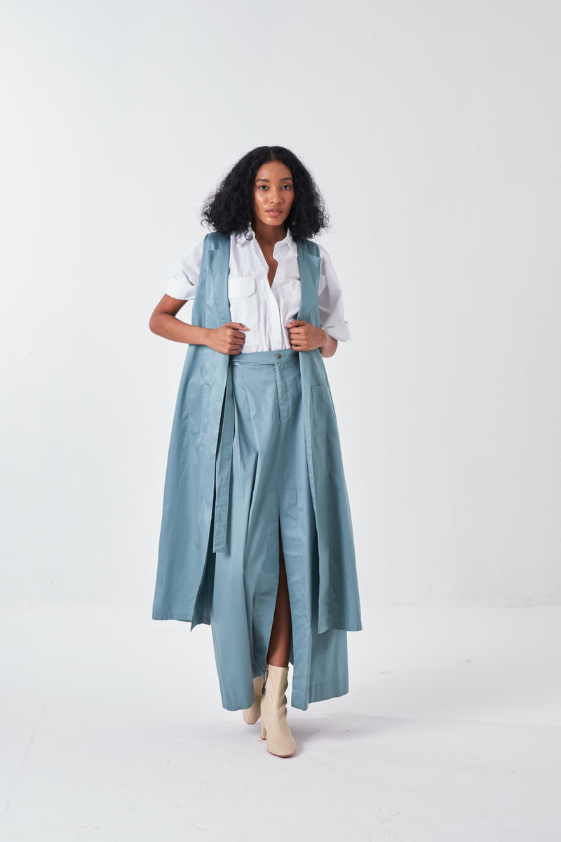 SLEEVELESS BACK PLEAT JACKET-NIAGRA BLUE by THREE for women in Singapore