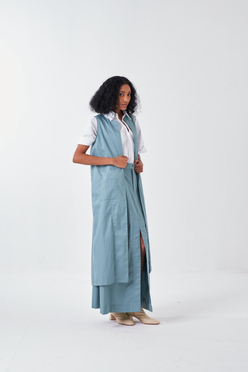 SLEEVELESS BACK PLEAT JACKET CO-ORD-NIAGRA BLUE & WHITE (SET OF 3) poplin by THREE for women in Singapore