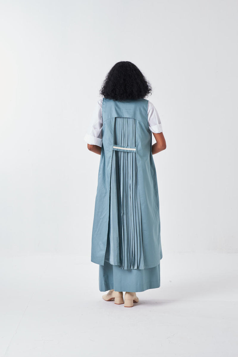 SLEEVELESS BACK PLEAT JACKET-NIAGRA BLUE by THREE for women in Singapore
