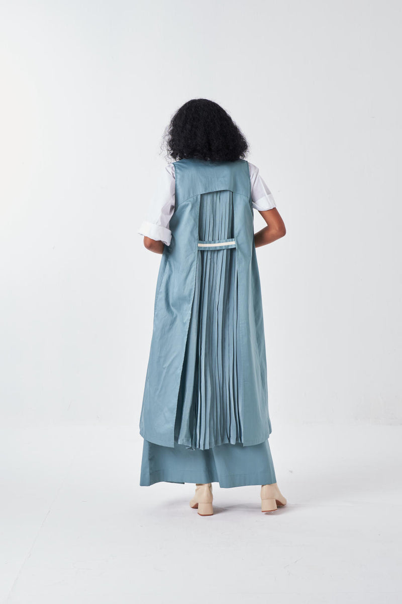 SLEEVELESS BACK PLEAT JACKET CO-ORD-NIAGRA BLUE & WHITE (SET OF 3) poplin by THREE for women in Singapore