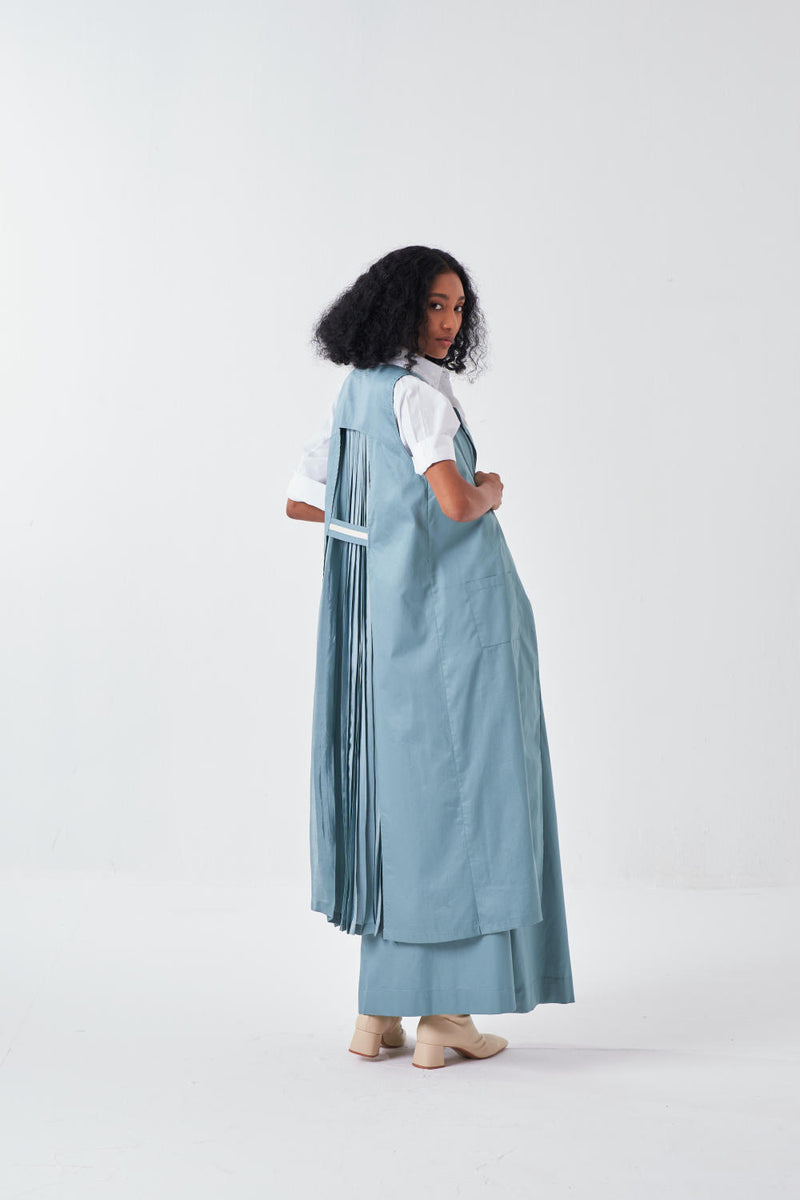 SLEEVELESS BACK PLEAT JACKET-NIAGRA BLUE by THREE for women in Singapore