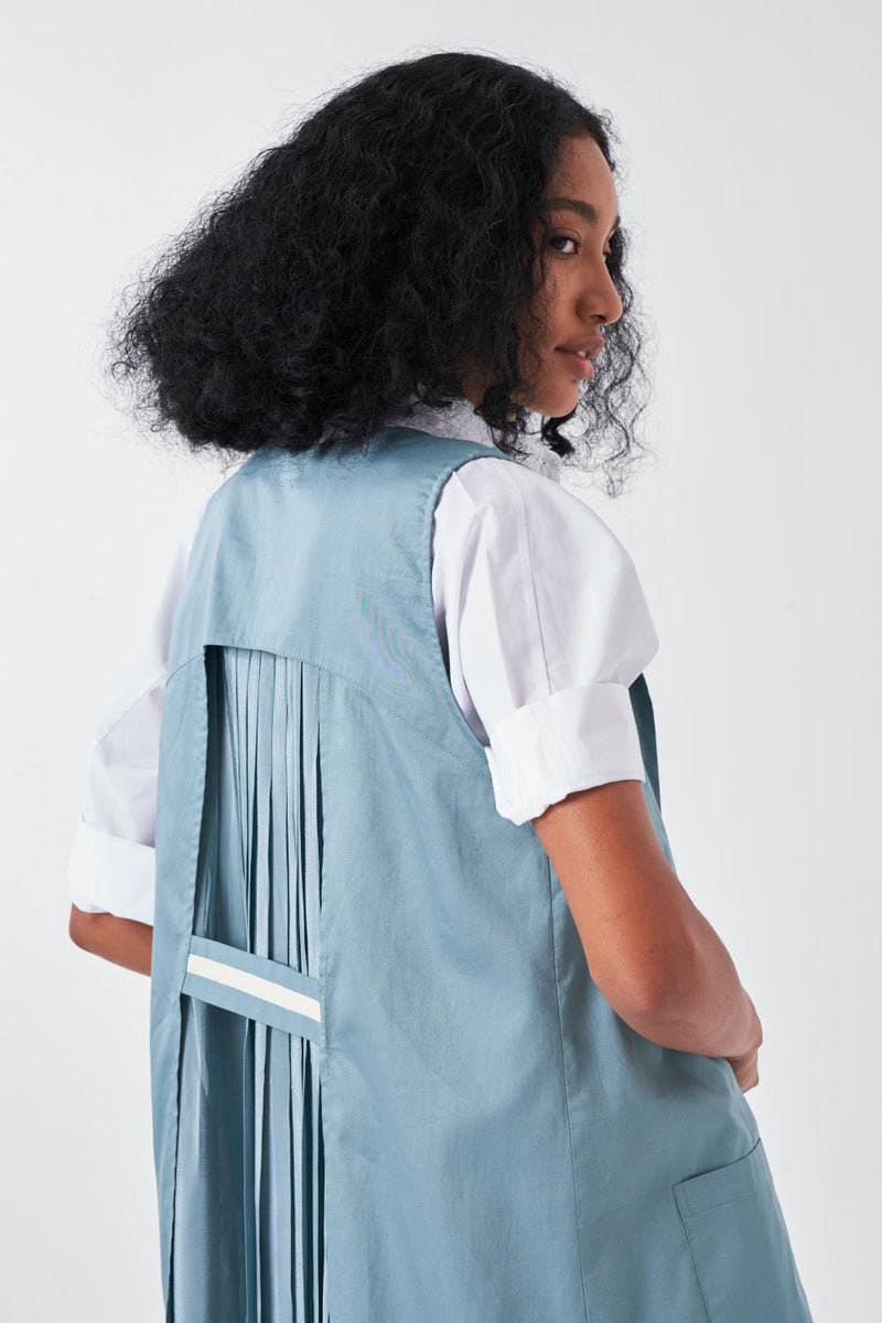 SLEEVELESS BACK PLEAT JACKET-NIAGRA BLUE by THREE for women in Singapore