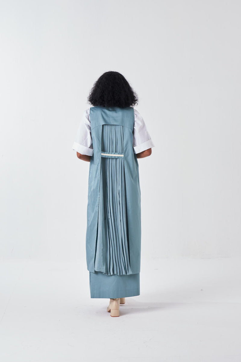 SLEEVELESS BACK PLEAT JACKET CO-ORD-NIAGRA BLUE & WHITE (SET OF 3) poplin by THREE for women in Singapore
