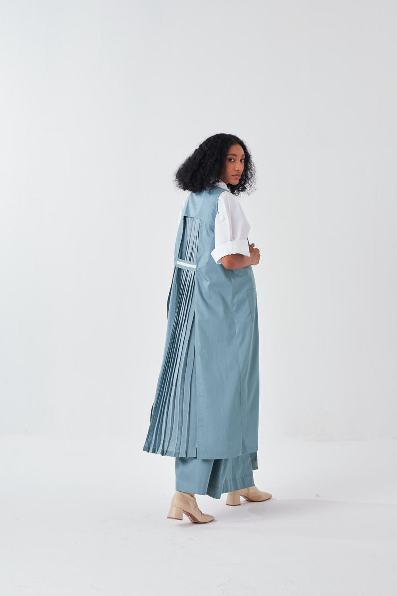 SLEEVELESS BACK PLEAT JACKET-NIAGRA BLUE by THREE for women in Singapore