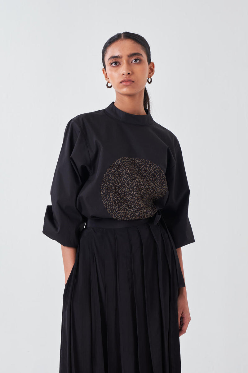 EMB. CIRCLE TOP-BLACK chanderi by THREE for women in Singapore