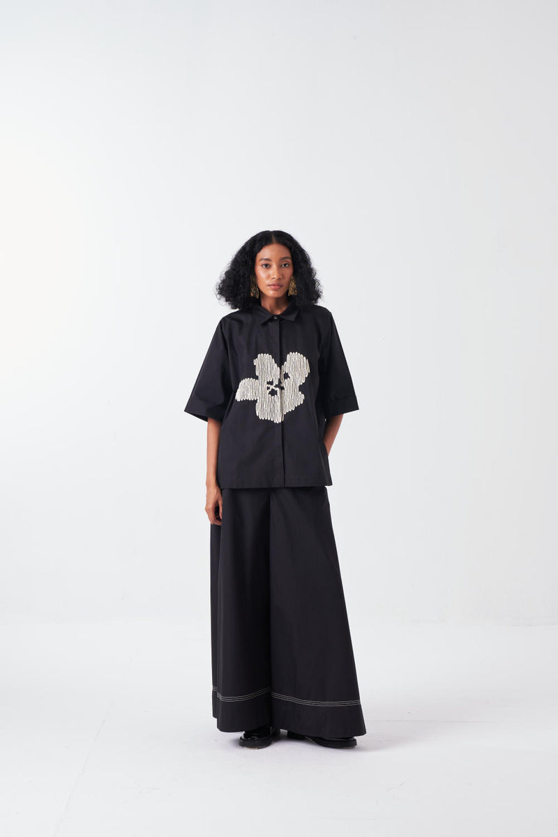EMB. FLORAL SHIRT-BLACK poplin by THREE for women in Singapore