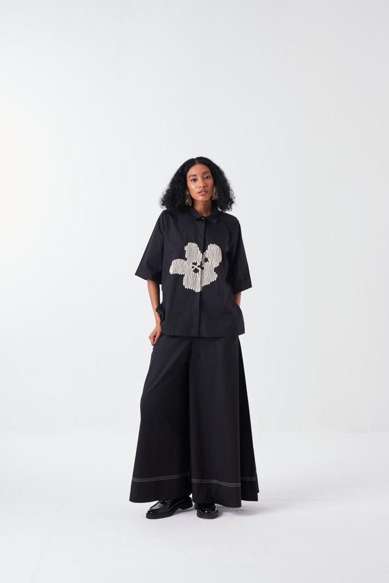 EMB. FLORAL SHIRT-BLACK poplin by THREE for women in Singapore