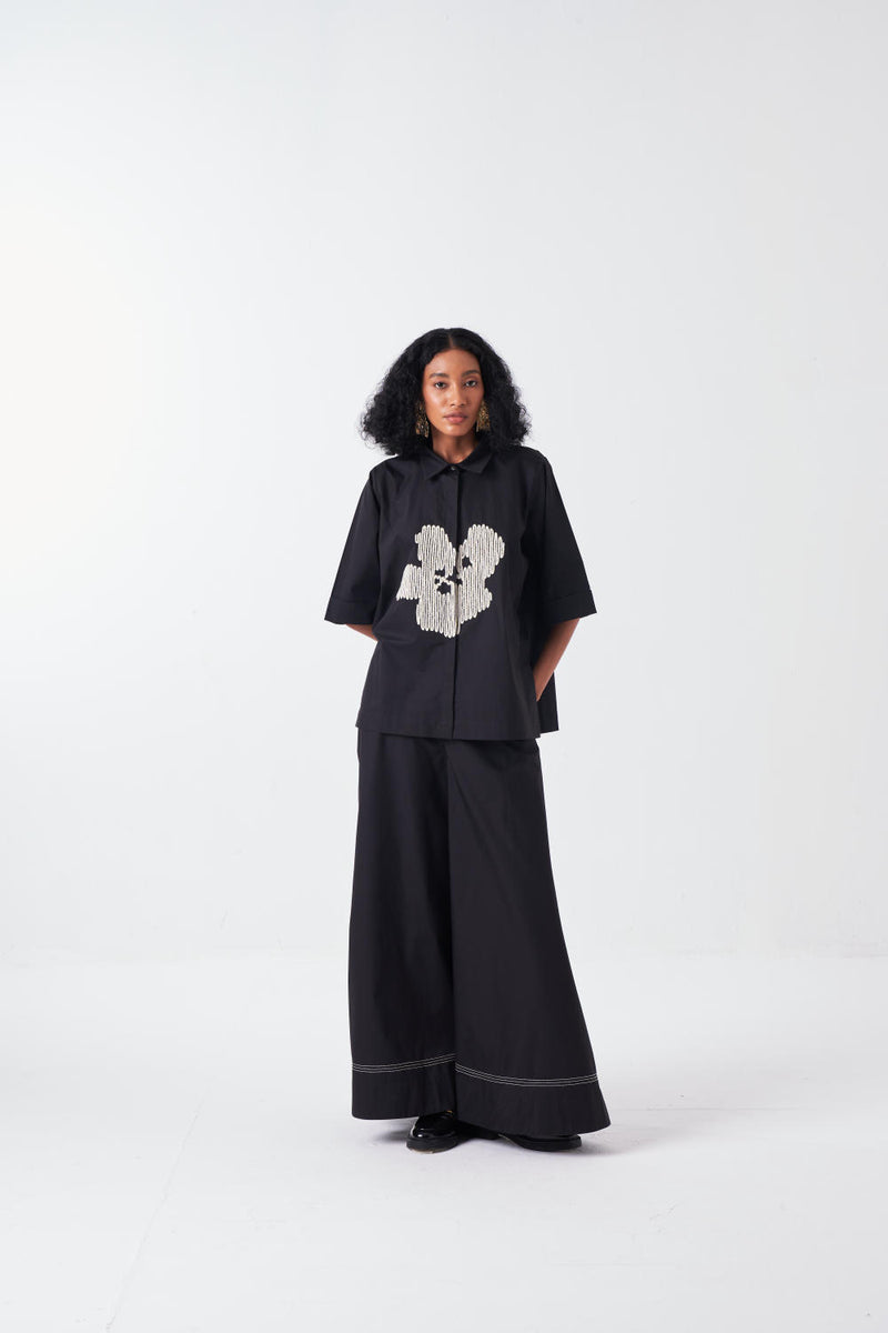 EMB. FLORAL SHIRT-BLACK poplin by THREE for women in Singapore