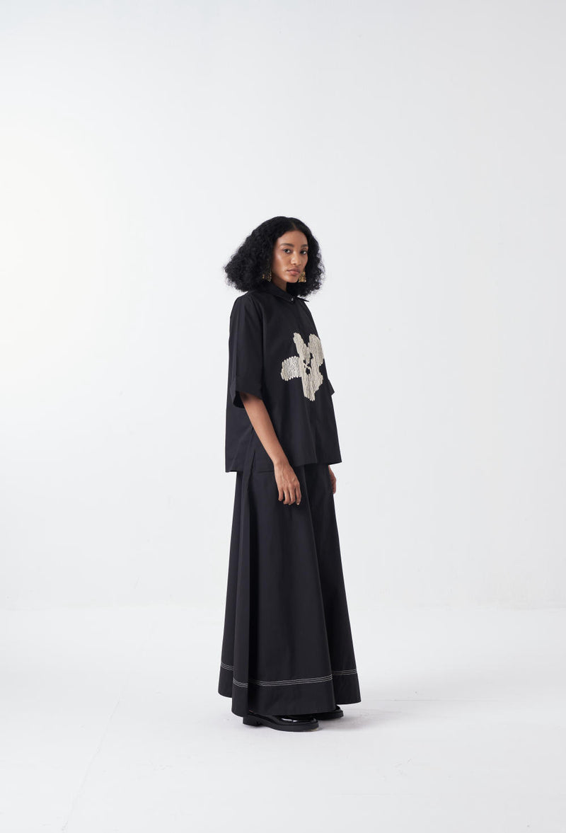 EMB. FLORAL SHIRT-BLACK poplin by THREE for women in Singapore