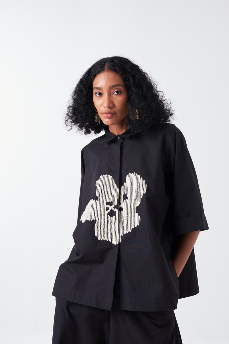 EMB. FLORAL SHIRT-BLACK poplin by THREE for women in Singapore