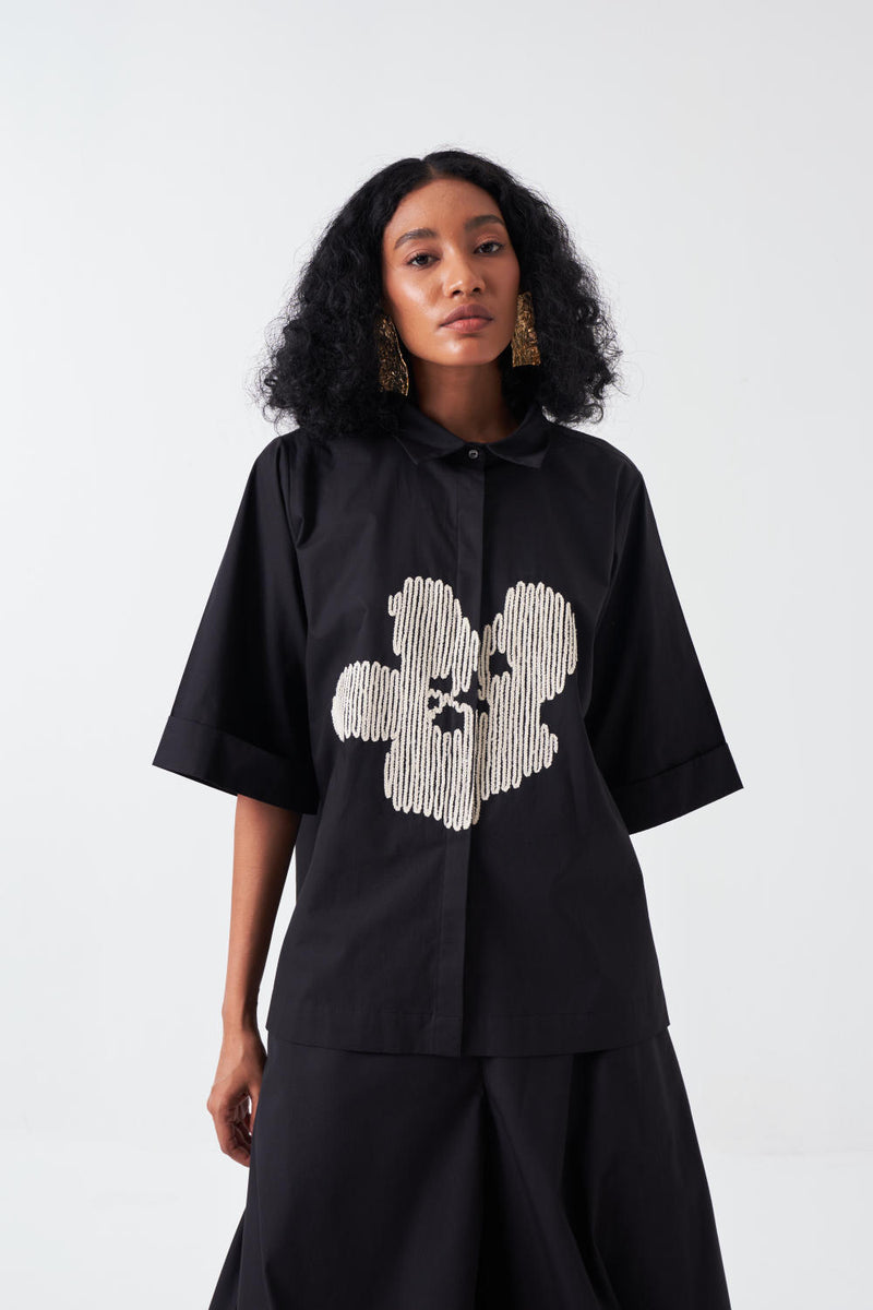 EMB. FLORAL SHIRT-BLACK poplin by THREE for women in Singapore