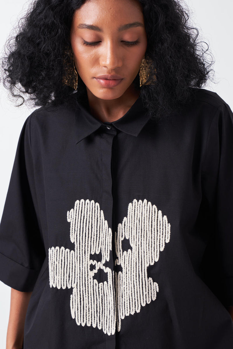 EMB. FLORAL SHIRT-BLACK poplin by THREE for women in Singapore