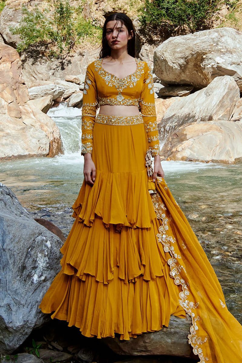 Fiorella Lehenga Set crepe by Paulmi & Harsh-kahan Sep'26 in yellow for women in Singapore