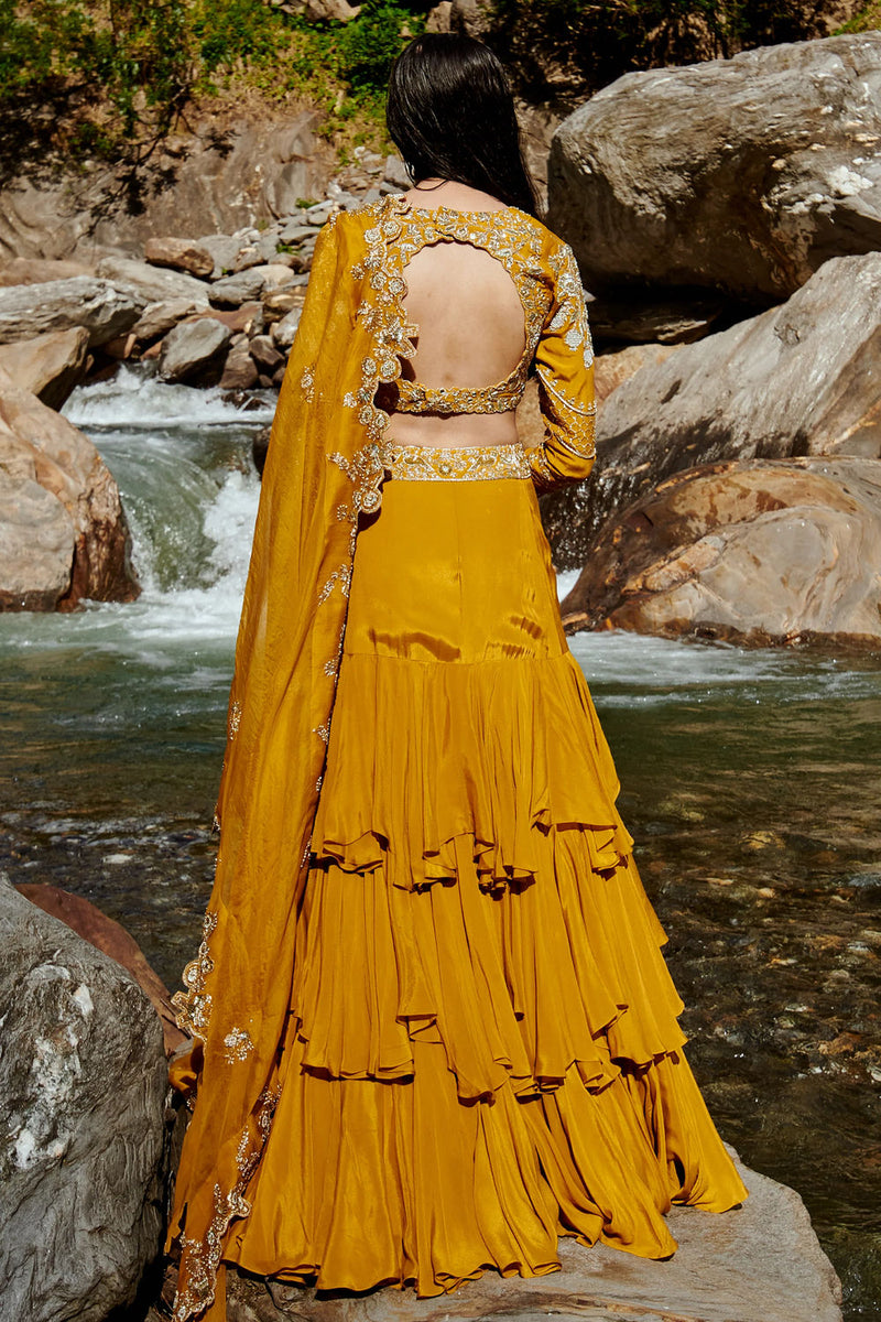 Fiorella Lehenga Set crepe by Paulmi & Harsh-kahan Sep'26 in yellow for women in Singapore