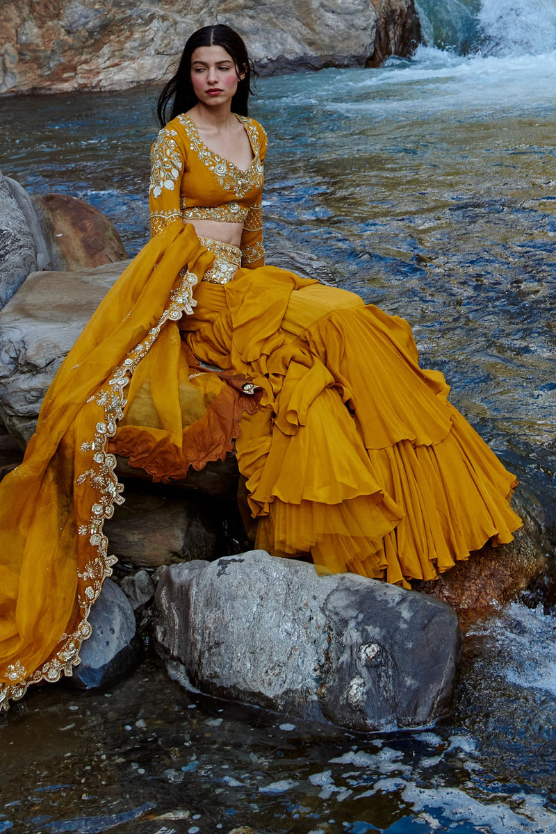 Fiorella Lehenga Set crepe by Paulmi & Harsh-kahan Sep'26 in yellow for women in Singapore