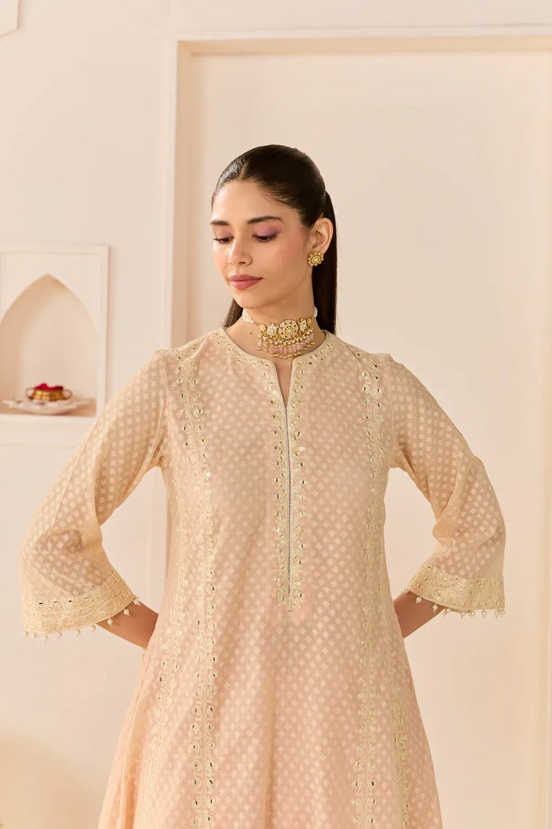 FIRDAUS - CARNATION PINK LONG KALIDAAR CHAUGA WITH DOGRI SALWAR AND DUPATTA chanderi silk kurta/kurta set by SHEETAL BATRA in daisy ivory with carnation pink for women in Singapore
