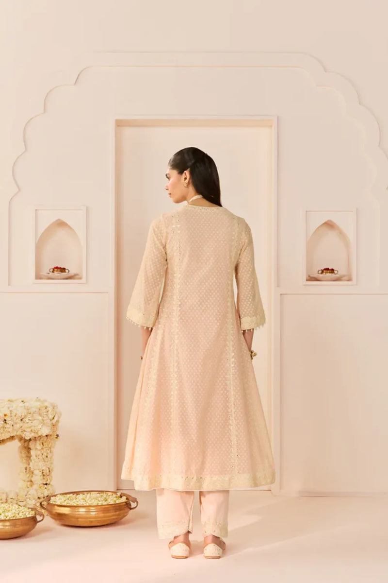 FIRDAUS - CARNATION PINK LONG KALIDAAR CHAUGA WITH DOGRI SALWAR AND DUPATTA chanderi silk kurta/kurta set by SHEETAL BATRA in daisy ivory with carnation pink for women in Singapore