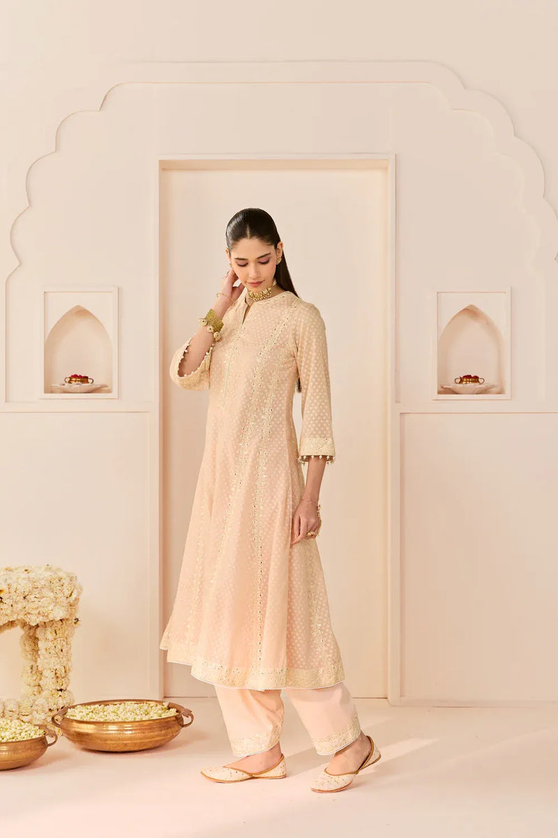 FIRDAUS - CARNATION PINK LONG KALIDAAR CHAUGA WITH DOGRI SALWAR AND DUPATTA chanderi silk kurta/kurta set by SHEETAL BATRA in daisy ivory with carnation pink for women in Singapore
