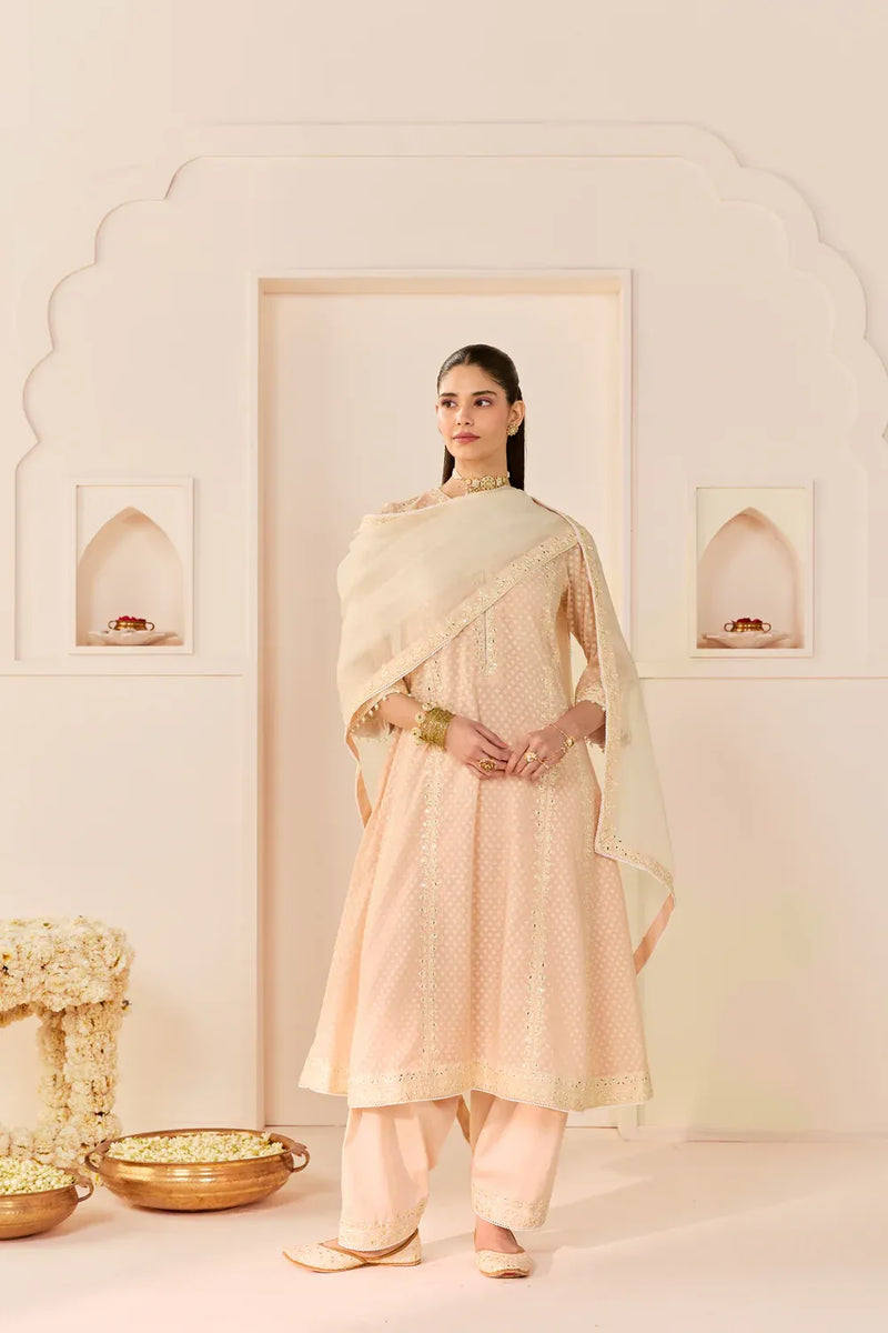 FIRDAUS - CARNATION PINK LONG KALIDAAR CHAUGA WITH DOGRI SALWAR AND DUPATTA chanderi silk kurta/kurta set by SHEETAL BATRA in daisy ivory with carnation pink for women in Singapore