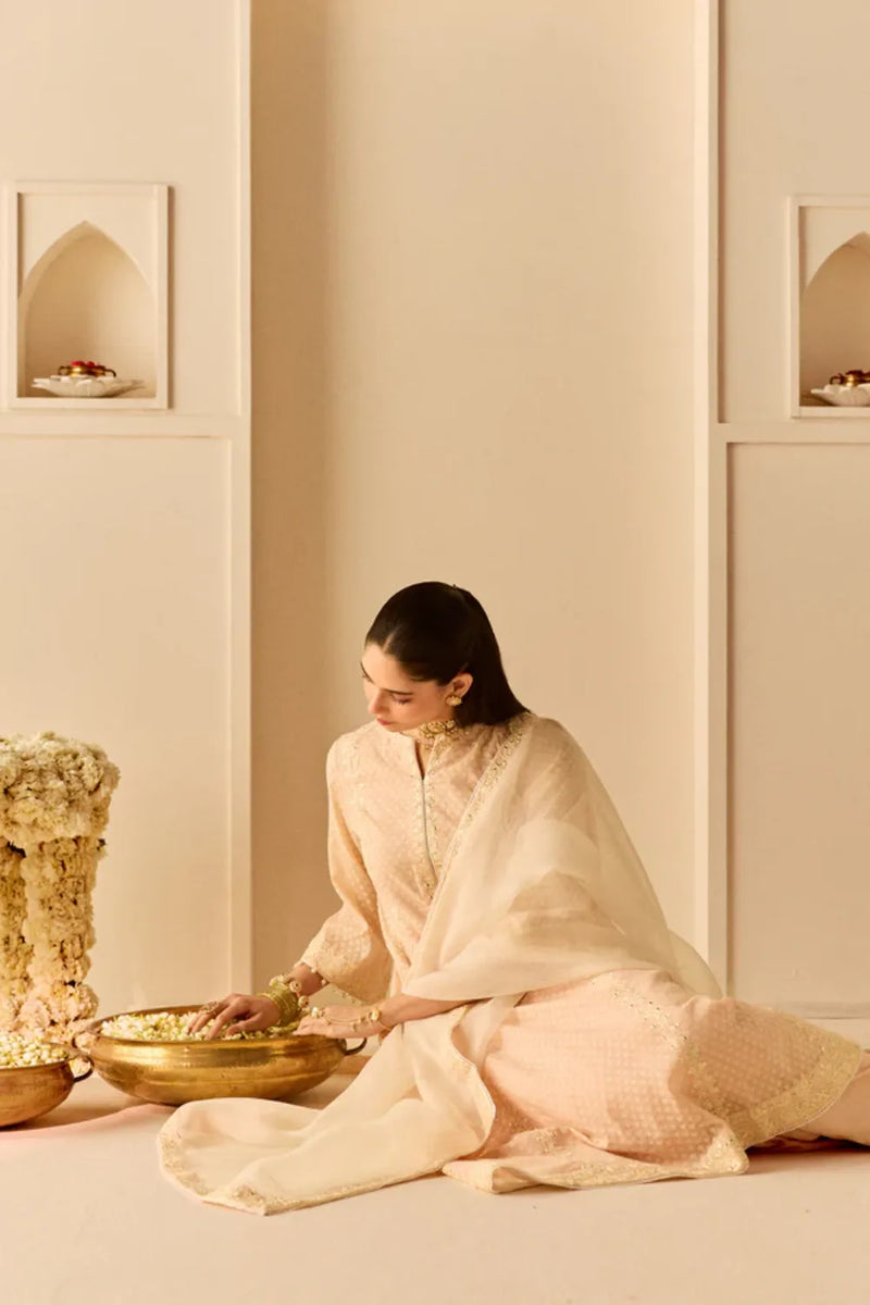 FIRDAUS - CARNATION PINK LONG KALIDAAR CHAUGA WITH DOGRI SALWAR AND DUPATTA chanderi silk kurta/kurta set by SHEETAL BATRA in daisy ivory with carnation pink for women in Singapore