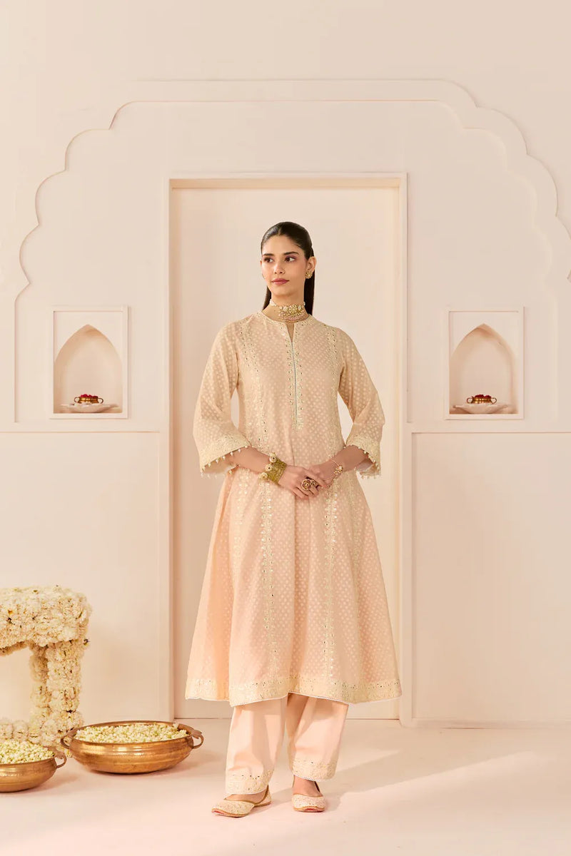 FIRDAUS - CARNATION PINK LONG KALIDAAR CHAUGA WITH DOGRI SALWAR AND DUPATTA chanderi silk kurta/kurta set by SHEETAL BATRA in daisy ivory with carnation pink for women in Singapore