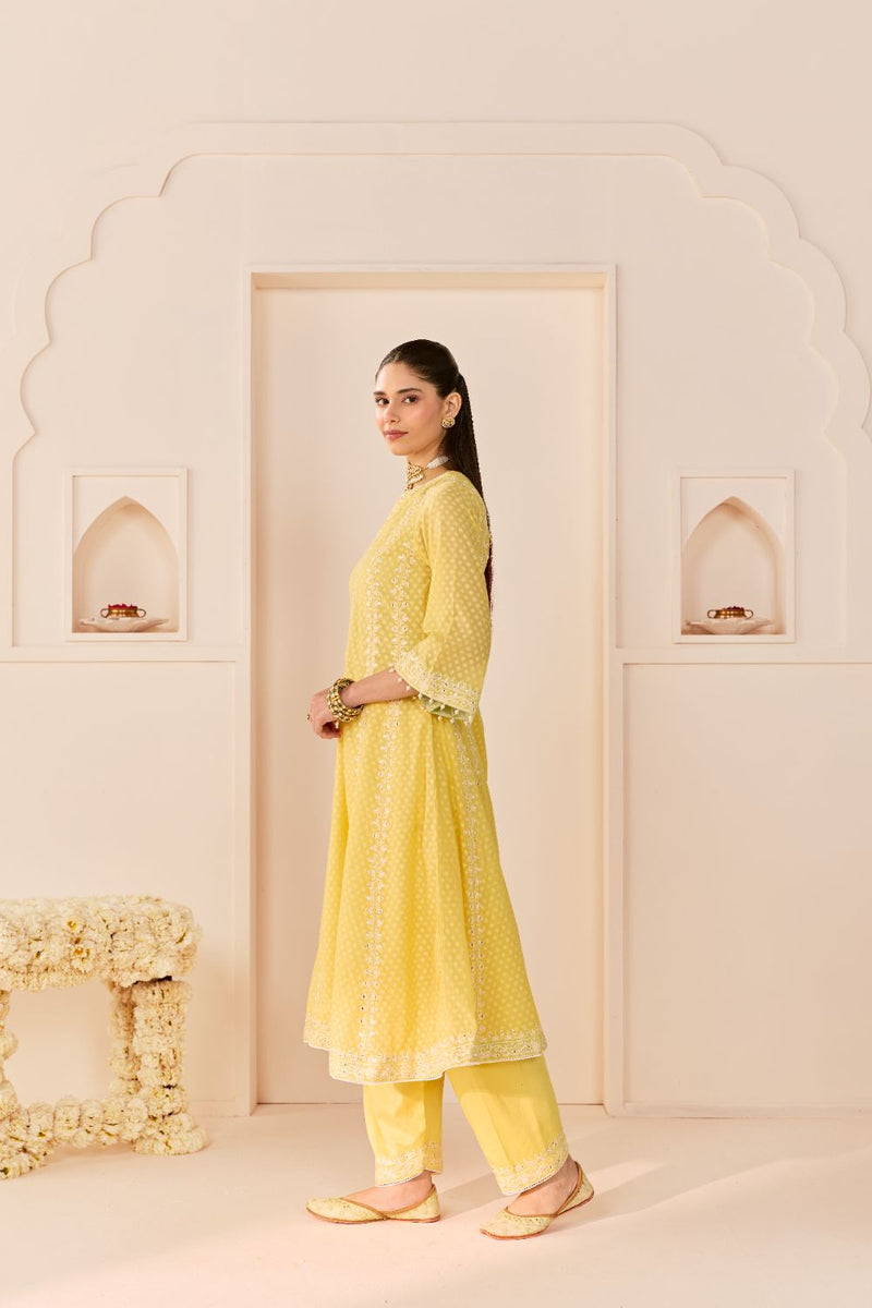 FIRDAUS -LEMON YELLOW LONG KALIDAAR CHAUGA WITH DOGRI SALWAR AND DUPATTA chanderi silk kurta/kurta set by SHEETAL BATRA in lemon yellow with mint green for women in Singapore