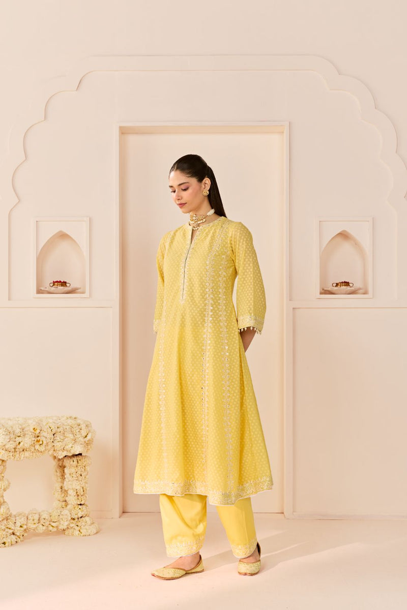 FIRDAUS -LEMON YELLOW LONG KALIDAAR CHAUGA WITH DOGRI SALWAR AND DUPATTA chanderi silk kurta/kurta set by SHEETAL BATRA in lemon yellow with mint green for women in Singapore