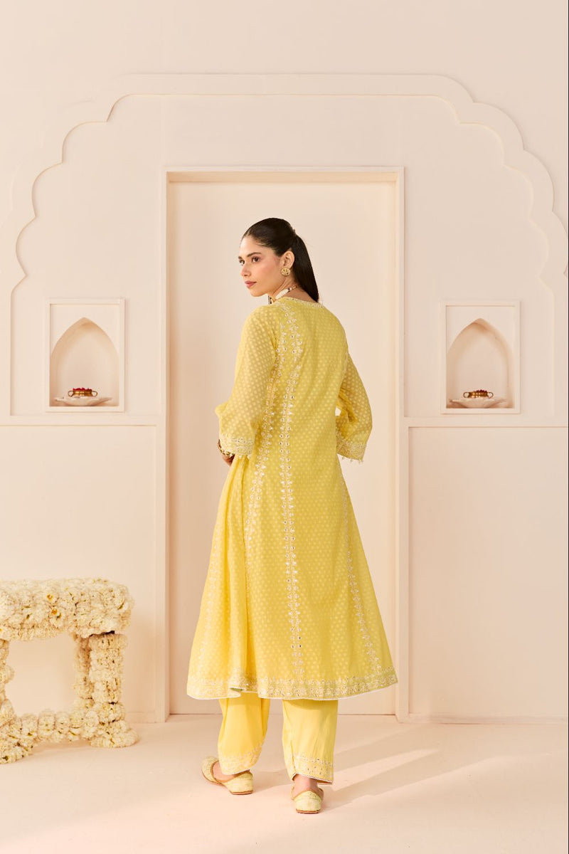 FIRDAUS -LEMON YELLOW LONG KALIDAAR CHAUGA WITH DOGRI SALWAR AND DUPATTA chanderi silk kurta/kurta set by SHEETAL BATRA in lemon yellow with mint green for women in Singapore