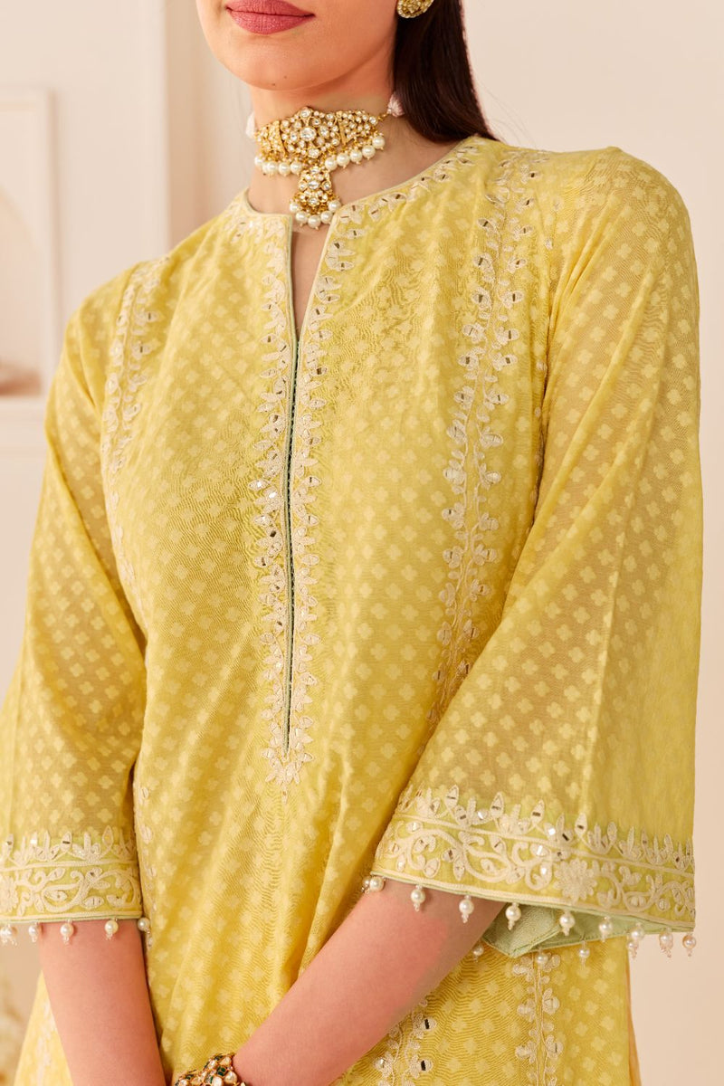 FIRDAUS -LEMON YELLOW LONG KALIDAAR CHAUGA WITH DOGRI SALWAR AND DUPATTA chanderi silk kurta/kurta set by SHEETAL BATRA in lemon yellow with mint green for women in Singapore