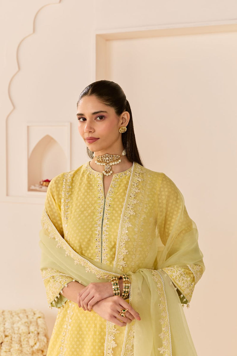 FIRDAUS -LEMON YELLOW LONG KALIDAAR CHAUGA WITH DOGRI SALWAR AND DUPATTA chanderi silk kurta/kurta set by SHEETAL BATRA in lemon yellow with mint green for women in Singapore