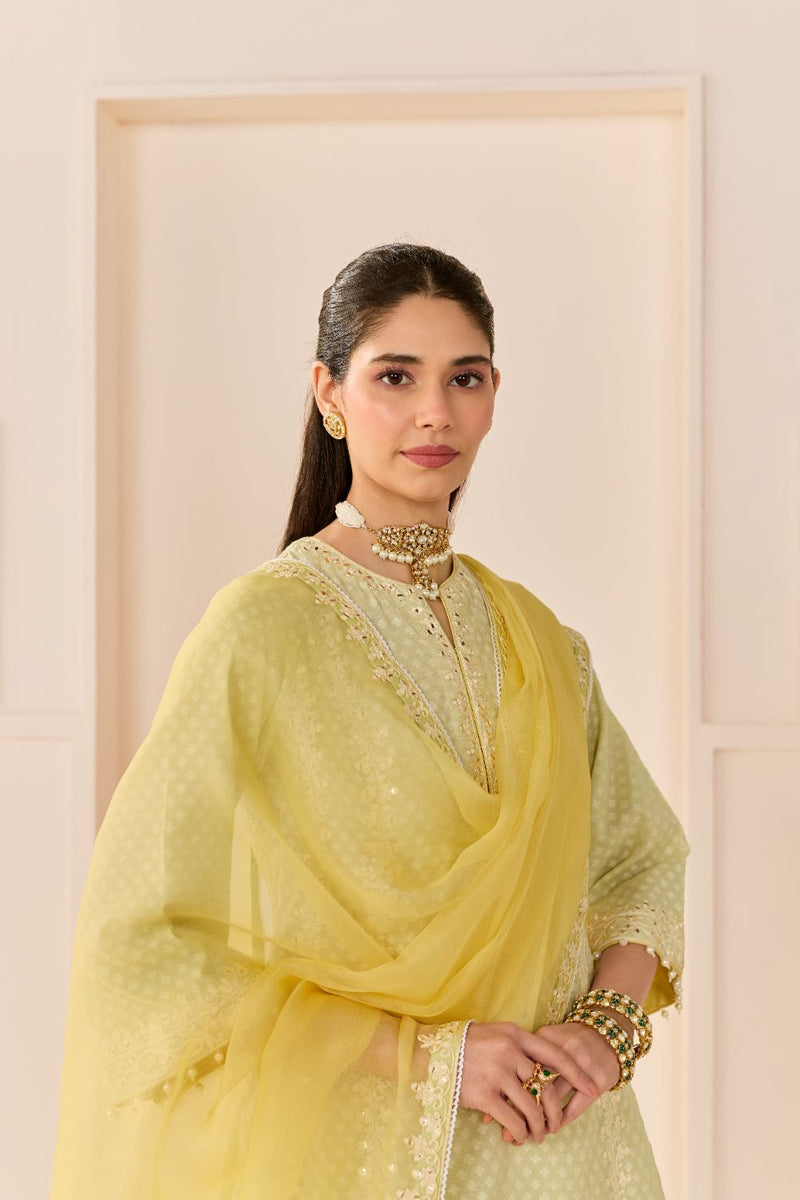 FIRDAUS - MINT GREEN LONG KALIDAAR CHAUGA WITH DOGRI SALWAR AND DUPATTA chanderi silk kurta/kurta set by SHEETAL BATRA in mint green with lemon yellow for women in Singapore