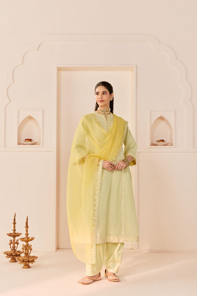 FIRDAUS - MINT GREEN LONG KALIDAAR CHAUGA WITH DOGRI SALWAR AND DUPATTA chanderi silk kurta/kurta set by SHEETAL BATRA in mint green with lemon yellow for women in Singapore