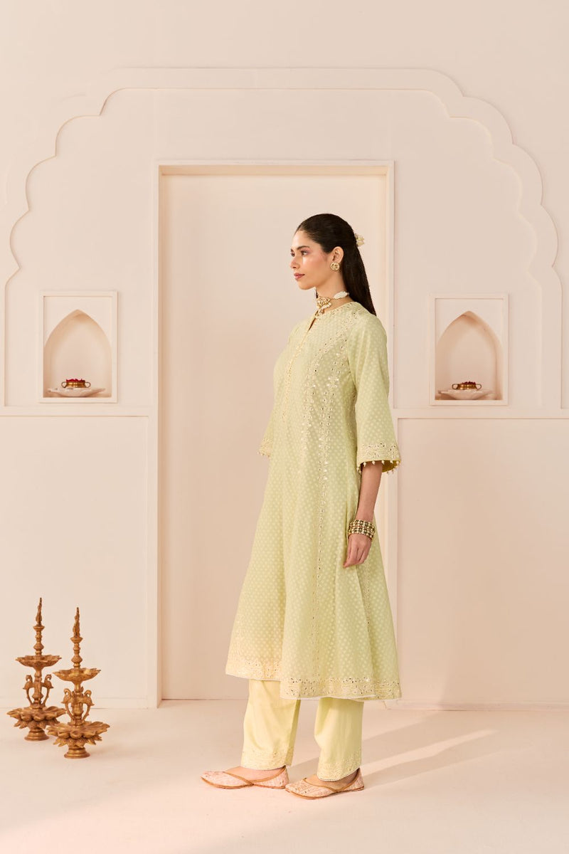 FIRDAUS - MINT GREEN LONG KALIDAAR CHAUGA WITH DOGRI SALWAR AND DUPATTA chanderi silk kurta/kurta set by SHEETAL BATRA in mint green with lemon yellow for women in Singapore