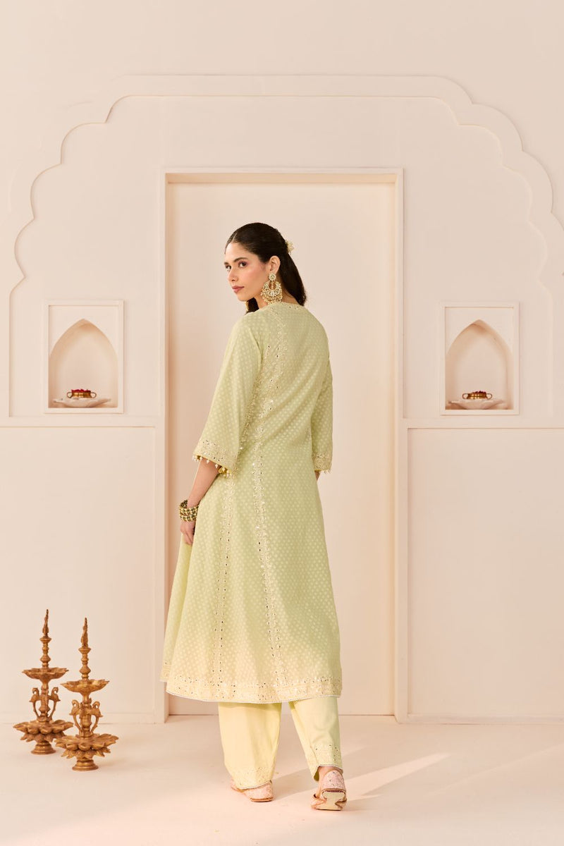 FIRDAUS - MINT GREEN LONG KALIDAAR CHAUGA WITH DOGRI SALWAR AND DUPATTA chanderi silk kurta/kurta set by SHEETAL BATRA in mint green with lemon yellow for women in Singapore