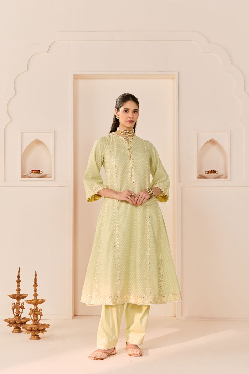 FIRDAUS - MINT GREEN LONG KALIDAAR CHAUGA WITH DOGRI SALWAR AND DUPATTA chanderi silk kurta/kurta set by SHEETAL BATRA in mint green with lemon yellow for women in Singapore