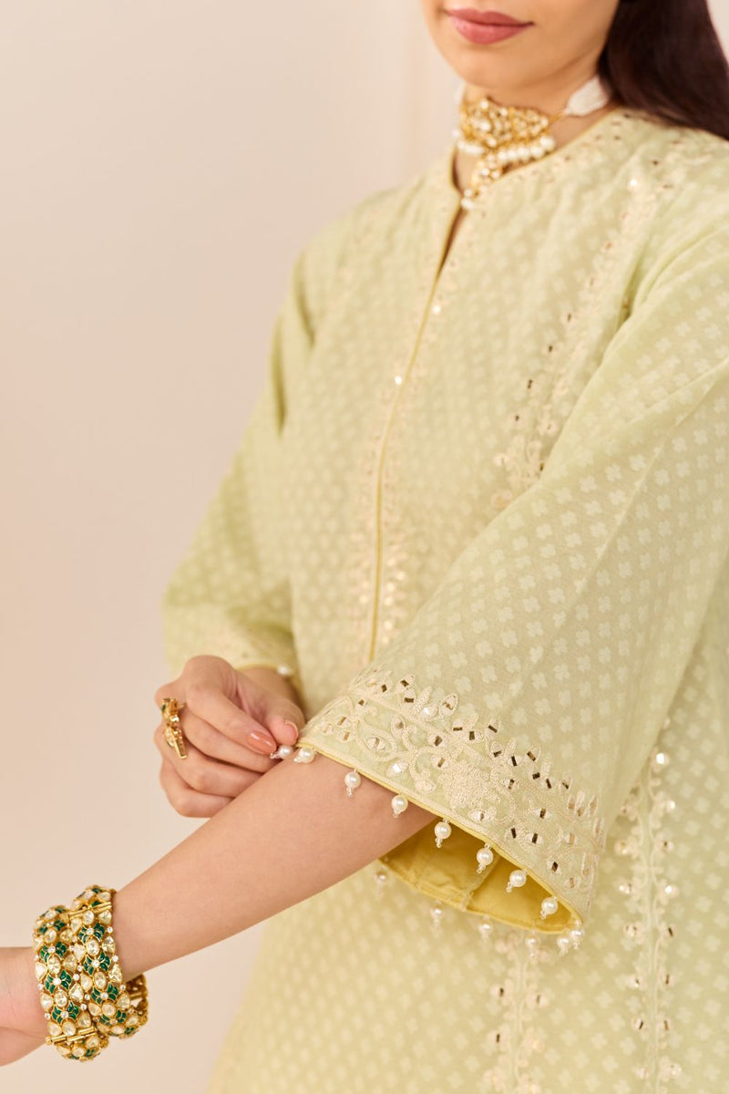 FIRDAUS - MINT GREEN LONG KALIDAAR CHAUGA WITH DOGRI SALWAR AND DUPATTA chanderi silk kurta/kurta set by SHEETAL BATRA in mint green with lemon yellow for women in Singapore