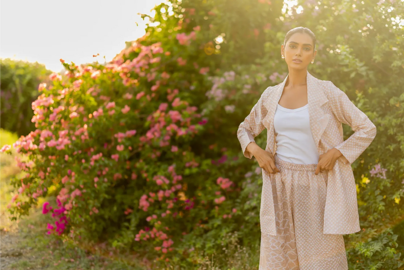 FLORA BLAZER-BEIGE silk by Dyelogue in beige color for women in Singapore
