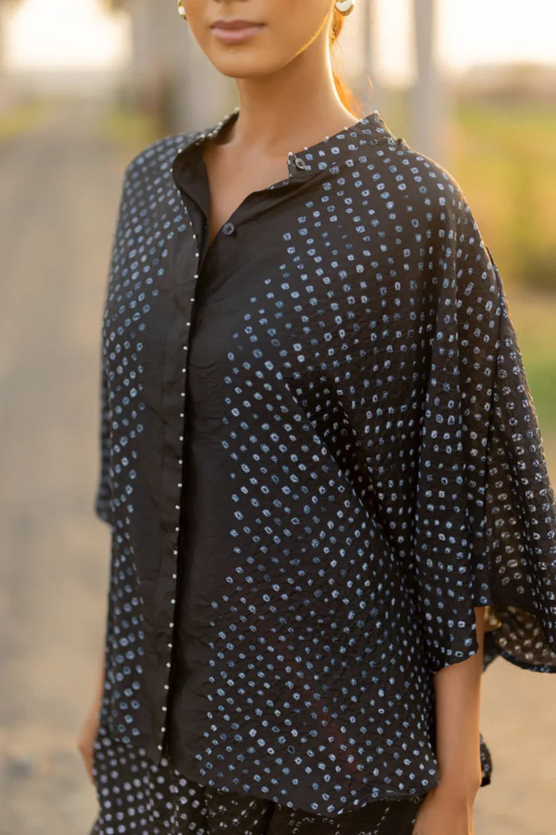 FLORA SHORT M KAF SHIRT-BLACK silk by Dyelogue in black color for women in Singapore
