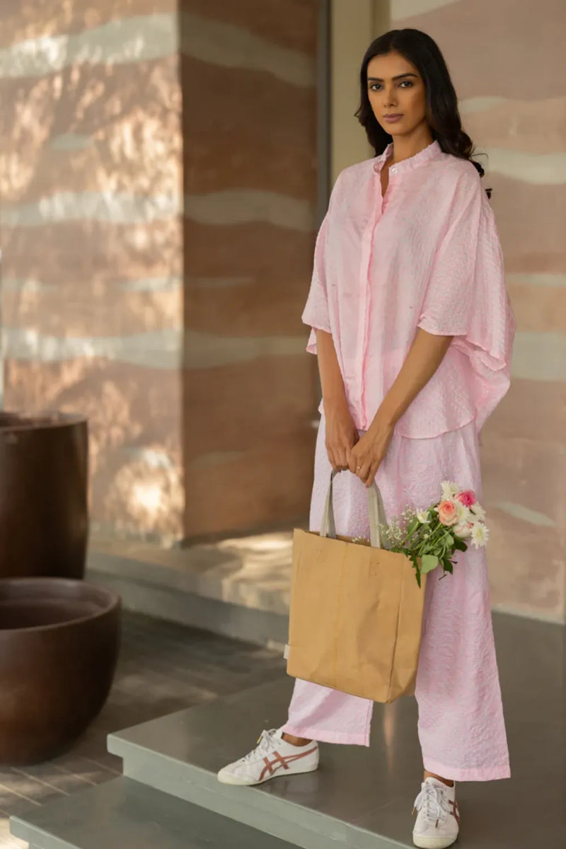 FLORA SHORT M KAF SHIRT-BLUSH PINK silk by Dyelogue in pink color for women in Singapore