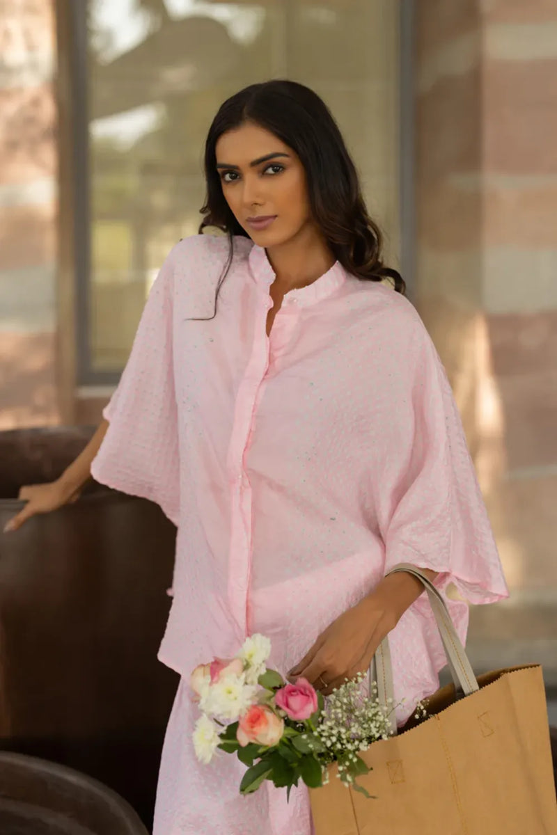 FLORA SHORT M KAF SHIRT-BLUSH PINK silk by Dyelogue in pink color for women in Singapore