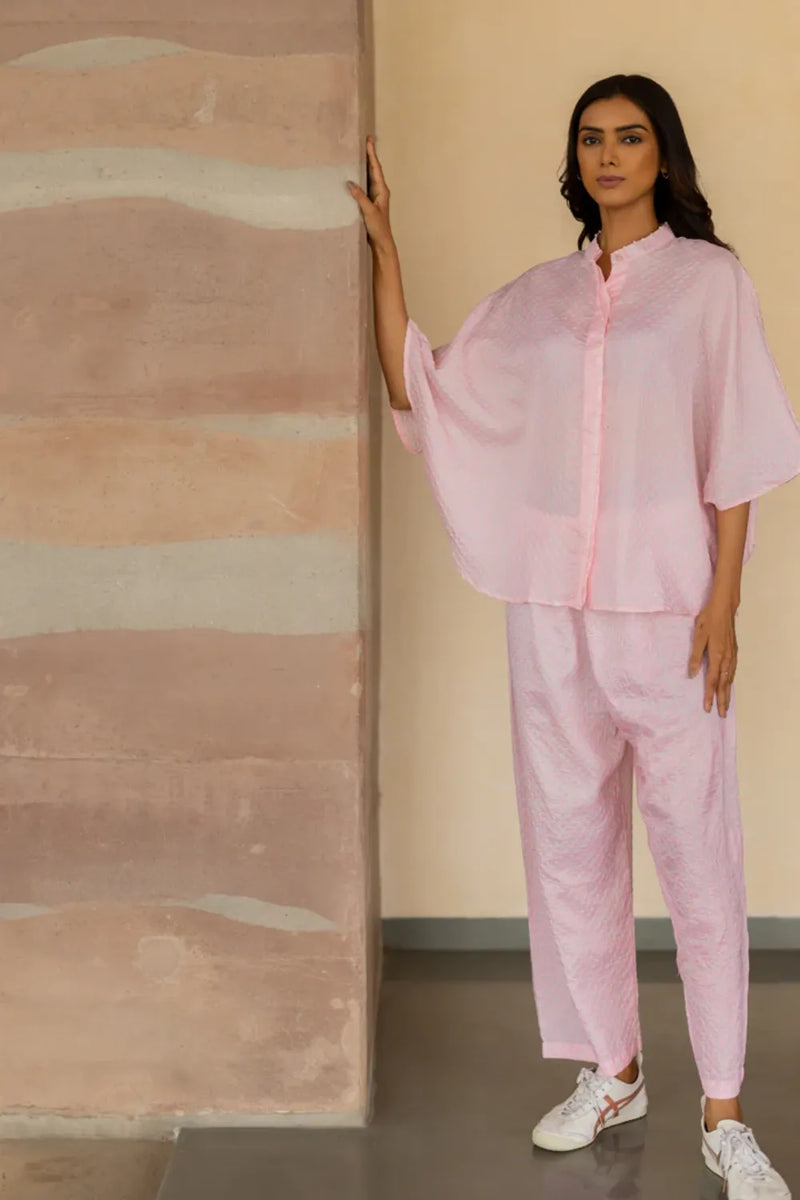 FLORA SHORT M KAF SHIRT-BLUSH PINK silk by Dyelogue in pink color for women in Singapore