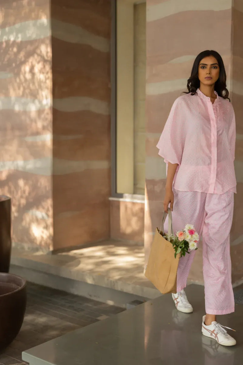 FLORA SHORT M KAF SHIRT-BLUSH PINK silk by Dyelogue in pink color for women in Singapore