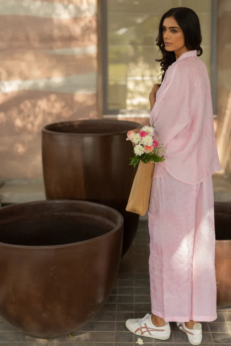 FLORA SHORT M KAF SHIRT-BLUSH PINK silk by Dyelogue in pink color for women in Singapore