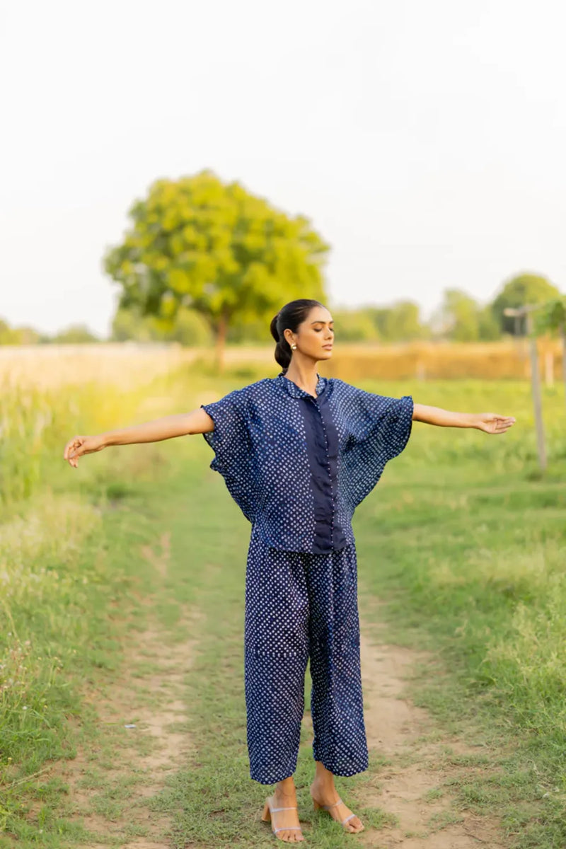 FLORA SHORT M KAF SHIRT-INDIGO silk by Dyelogue for women in Singapore